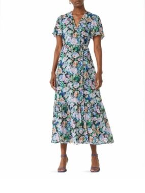 Floral V-Neck Wrap Maxi Dress in Blue and Green